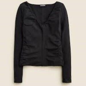 JCrew Black Stretch cotton blend ruched V-neck top, NWT, size M